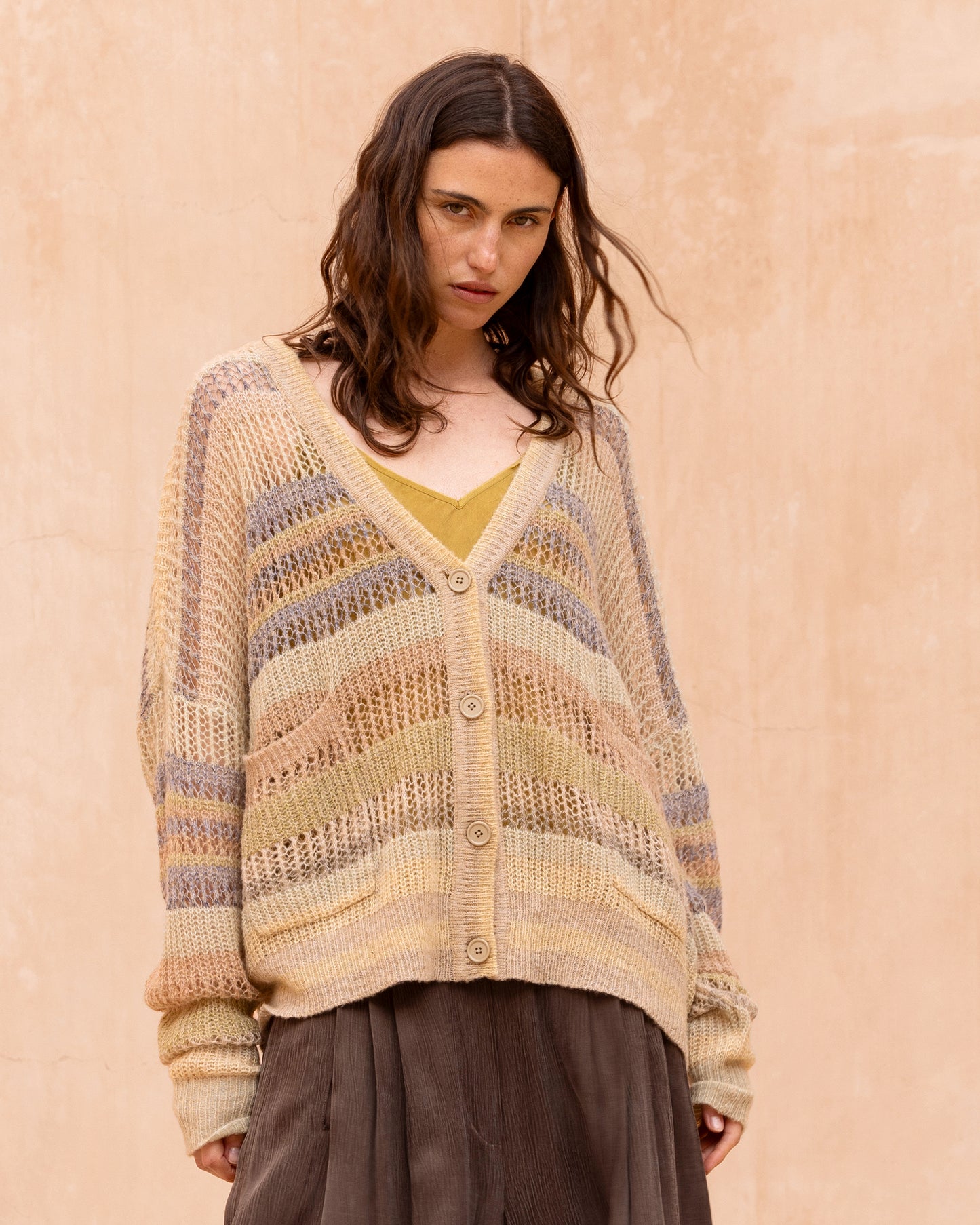 Cardigan ajouré à rayures aux nuances beige fondues - Pulls & gilets Mes Demoiselles