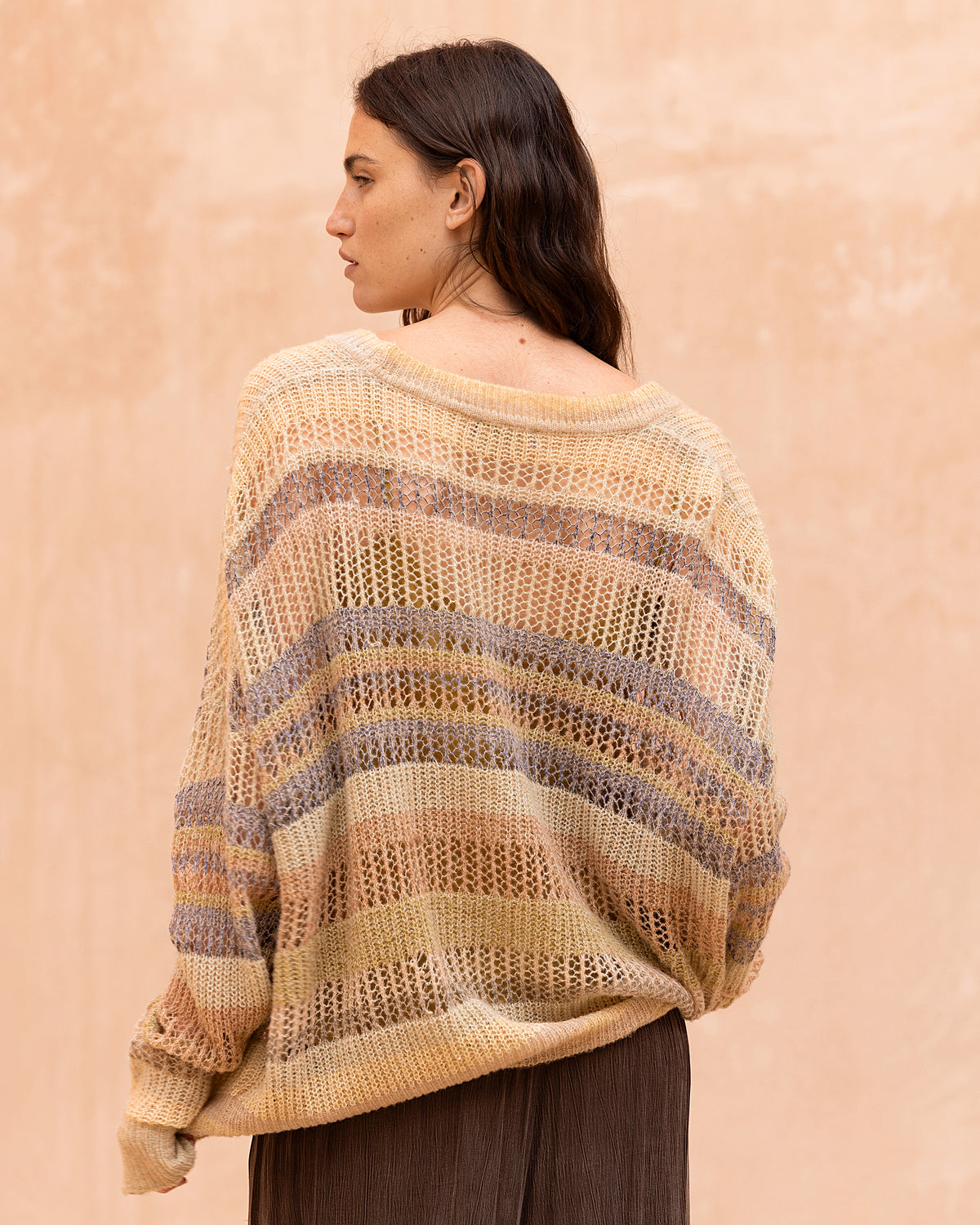 Cardigan Fallord - Beige : Cardigan ajouré à rayures aux nuances beige fondues Mes Demoiselles