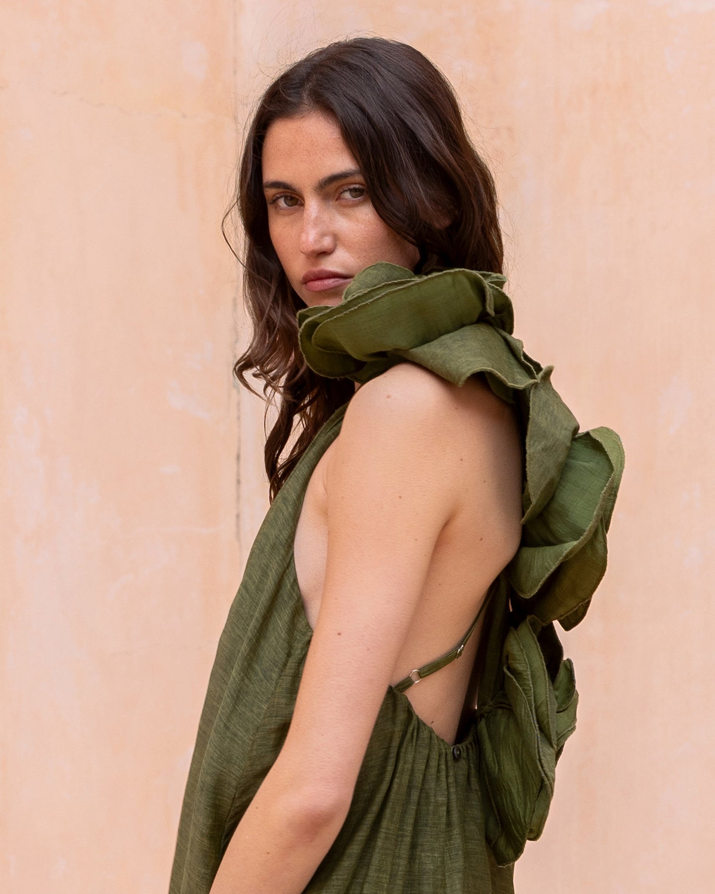 Robe Fonix - Vert : Robe longue trapèze détail fleurs en relief Mes Demoiselles