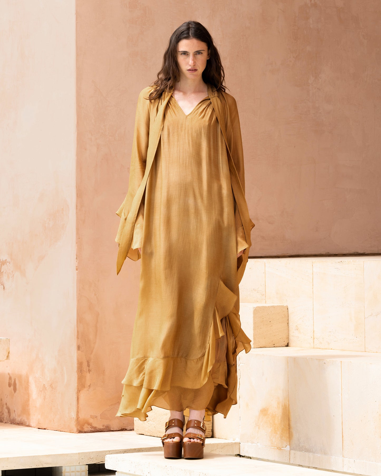 Robe longue en voile viscose Ocre - Robes Mes Demoiselles