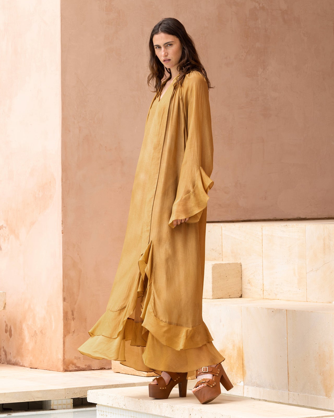 Robe longue en voile viscose Ocre - Robes Mes Demoiselles - Image 2