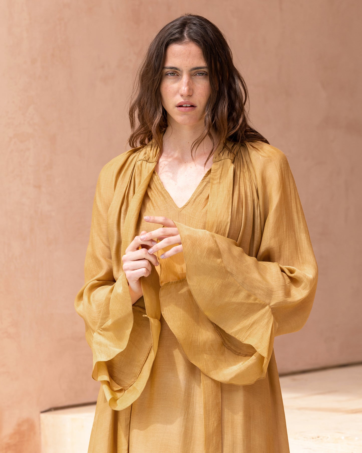 Robe Frelly - Ocre : Robe longue en voile viscose Ocre Mes Demoiselles