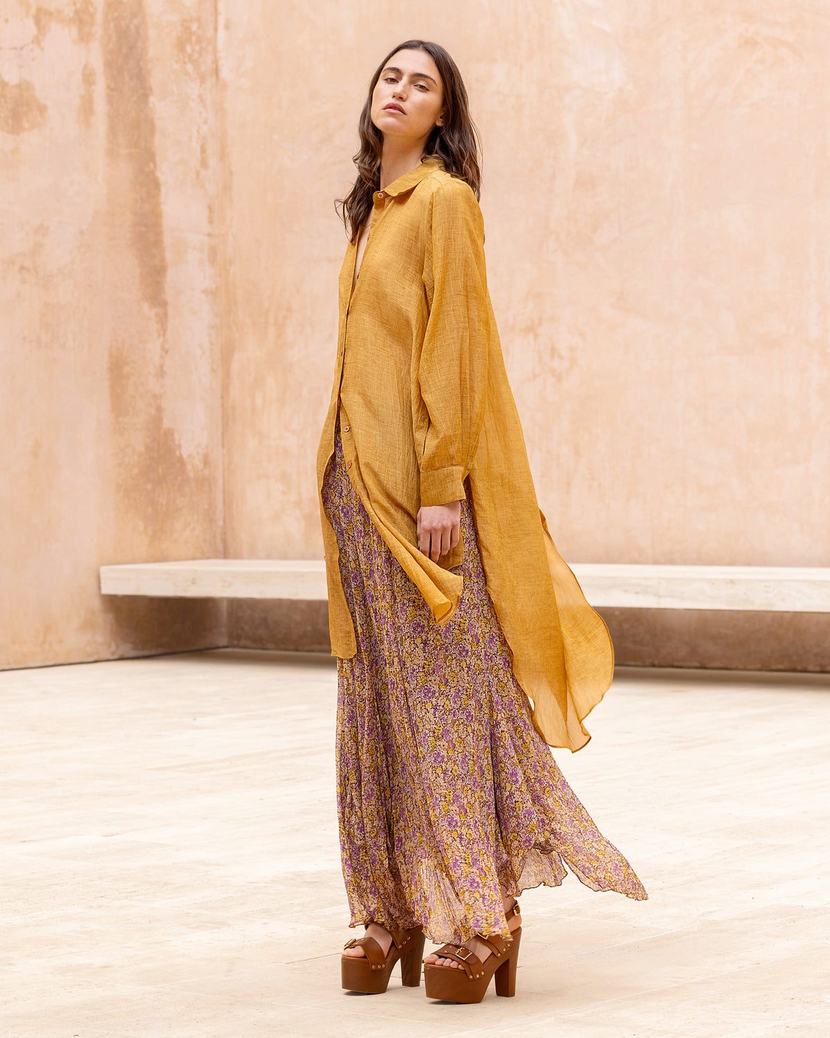 Chemise longue en coton et soie ocre - Chemises & tops Mes Demoiselles