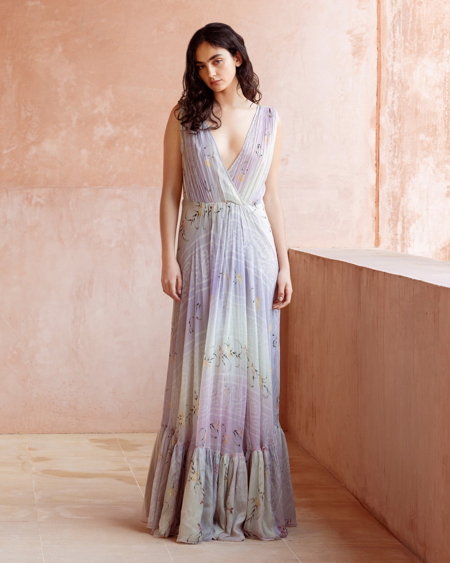 Robe longue en viscose chiffon ivoire et rose - Robes Mes Demoiselles