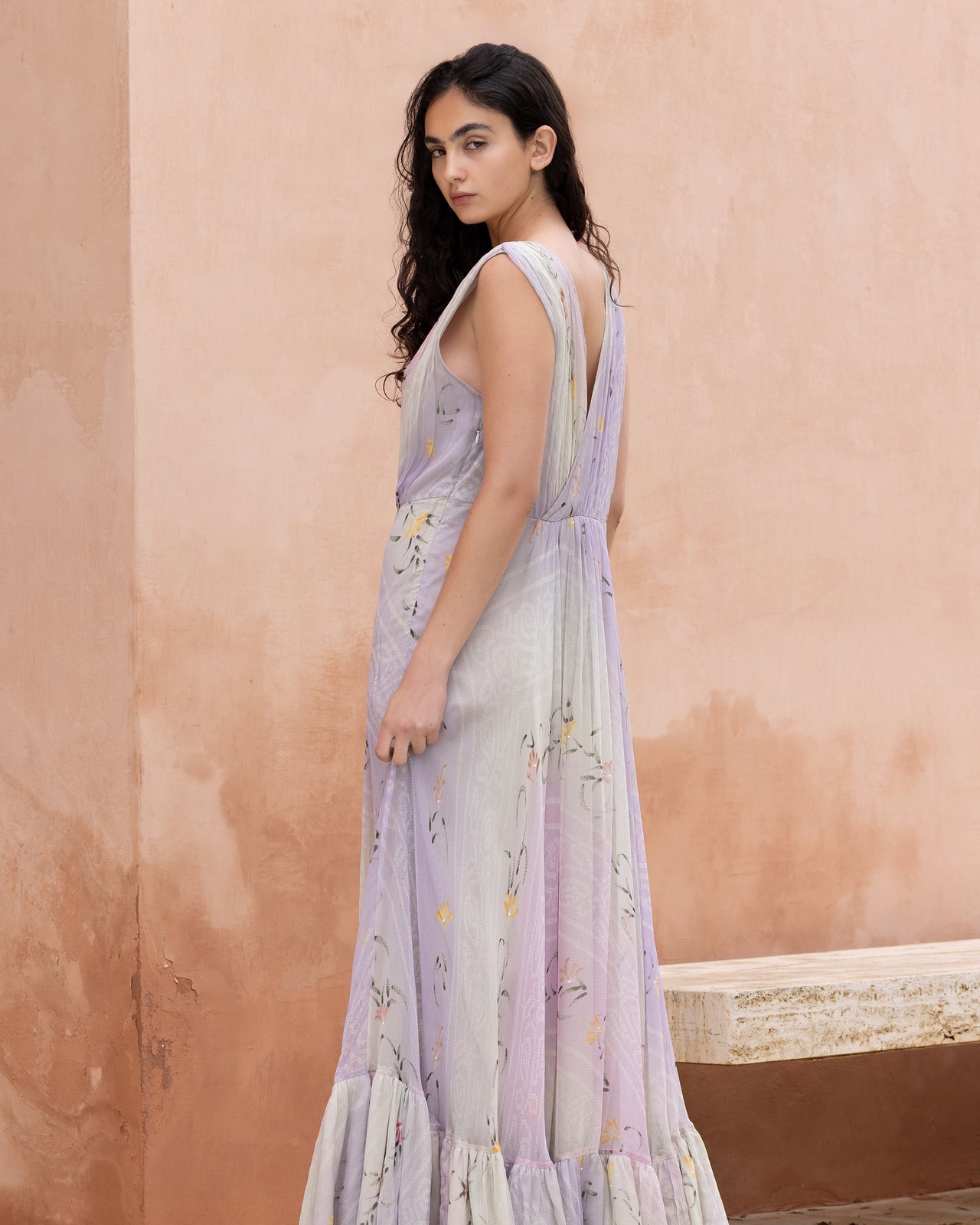 Robe longue en viscose chiffon ivoire et rose - Robes Mes Demoiselles - Image 3