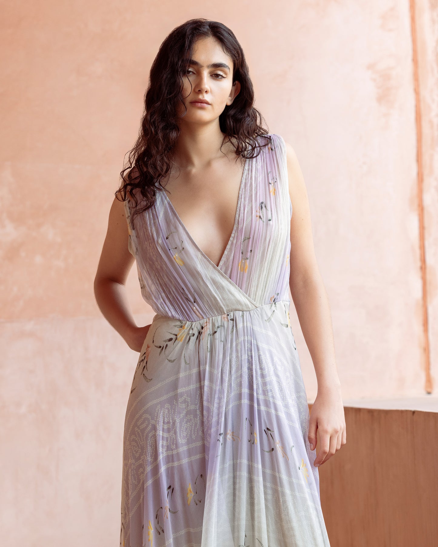 Robe Gretta - Rose : Robe longue en viscose chiffon ivoire et rose Mes Demoiselles