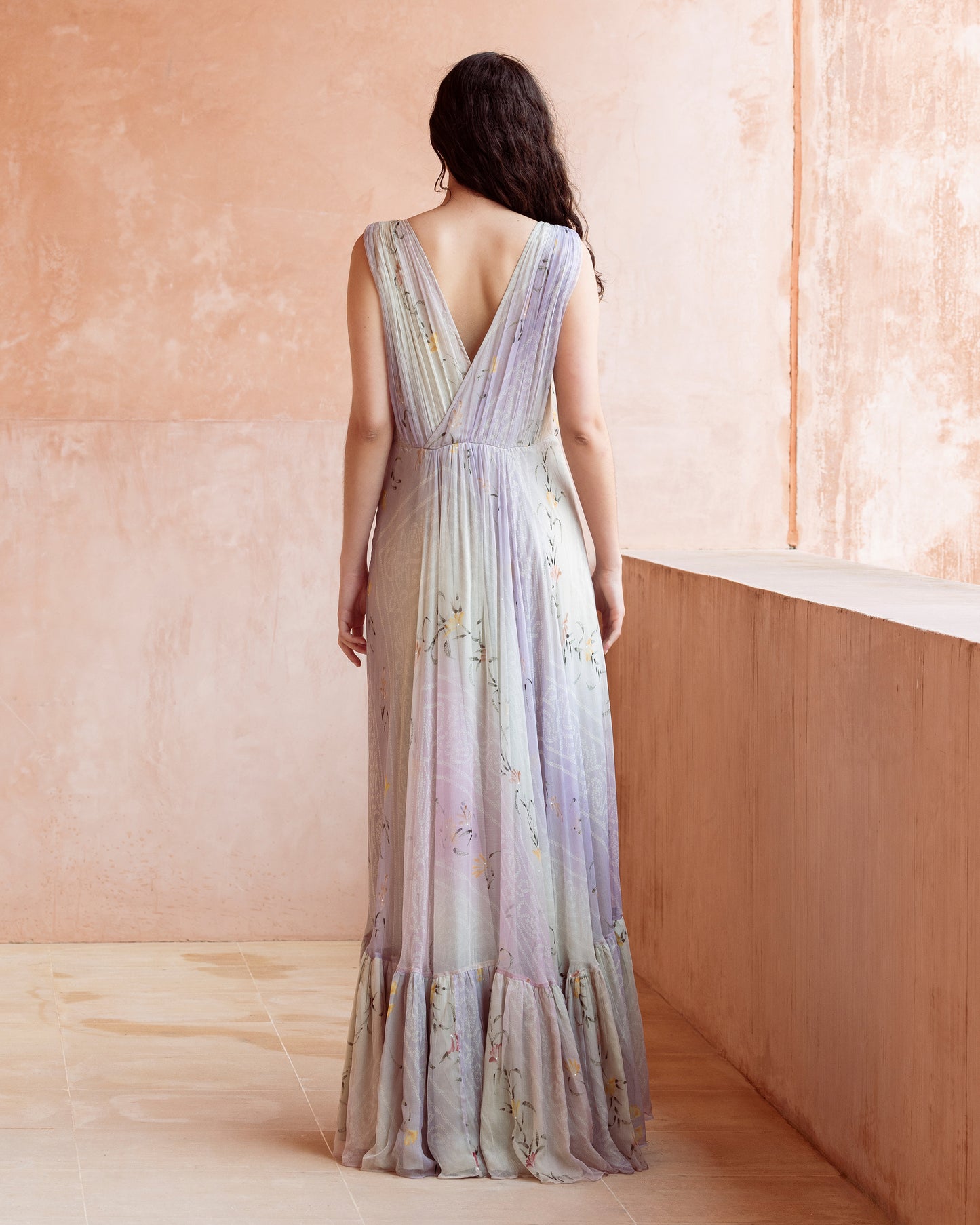 Robe Gretta - Rose : Robe longue en viscose chiffon ivoire et rose Mes Demoiselles