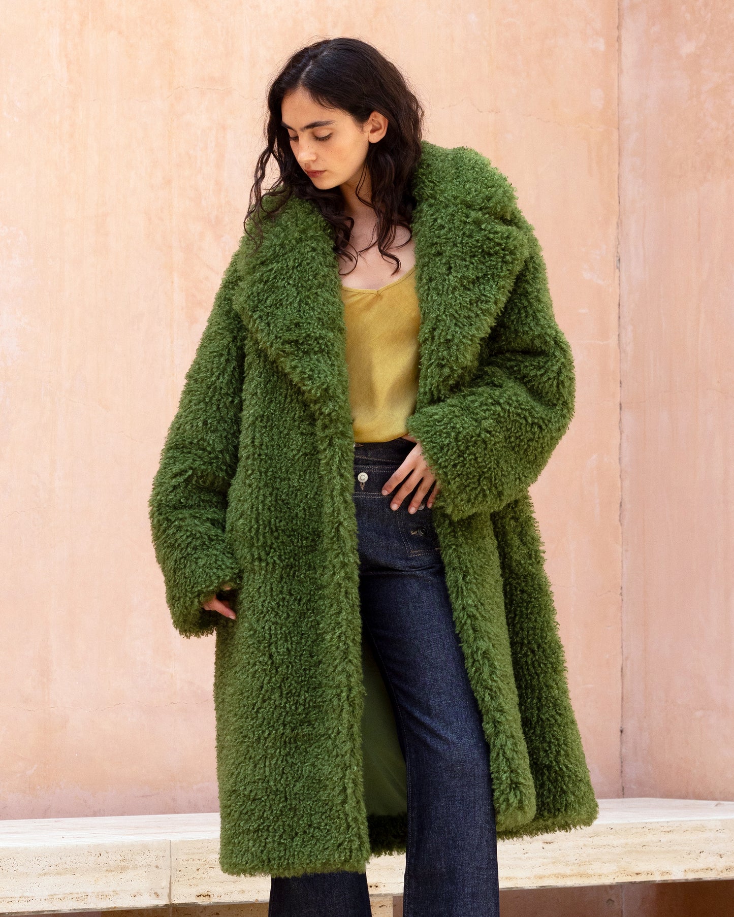 Manteau Jasmin - Vert : Manteau effet bouclette vert mousse Mes Demoiselles