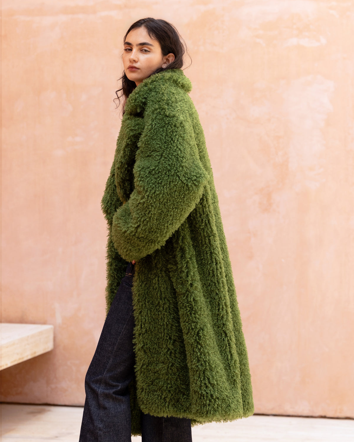 Manteau Jasmin - Vert : Manteau effet bouclette vert mousse Mes Demoiselles