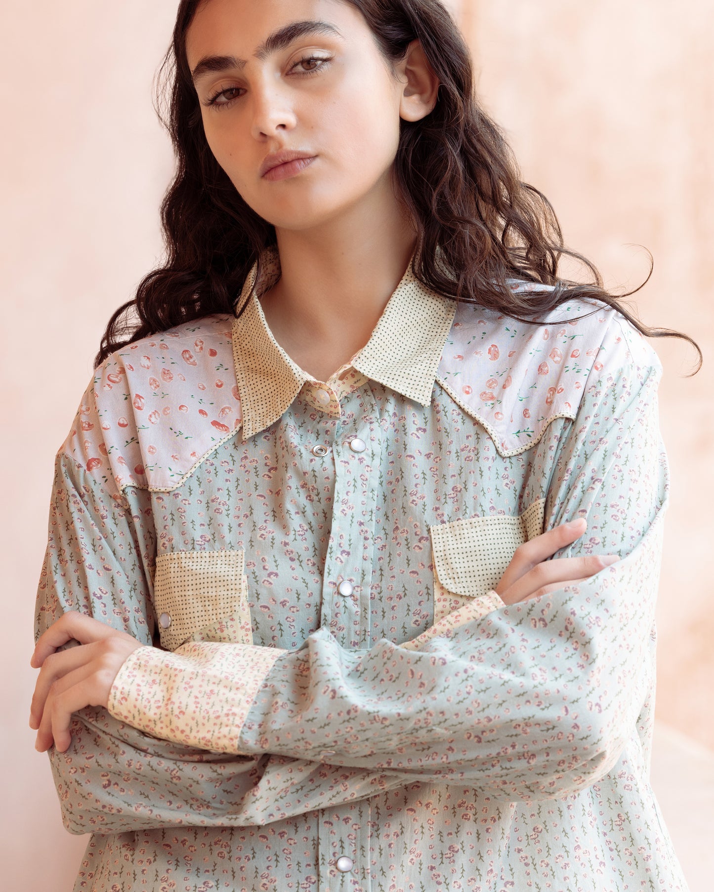 Chemise Lun - Bleu : Chemise en patch de liberty à détails western Mes Demoiselles