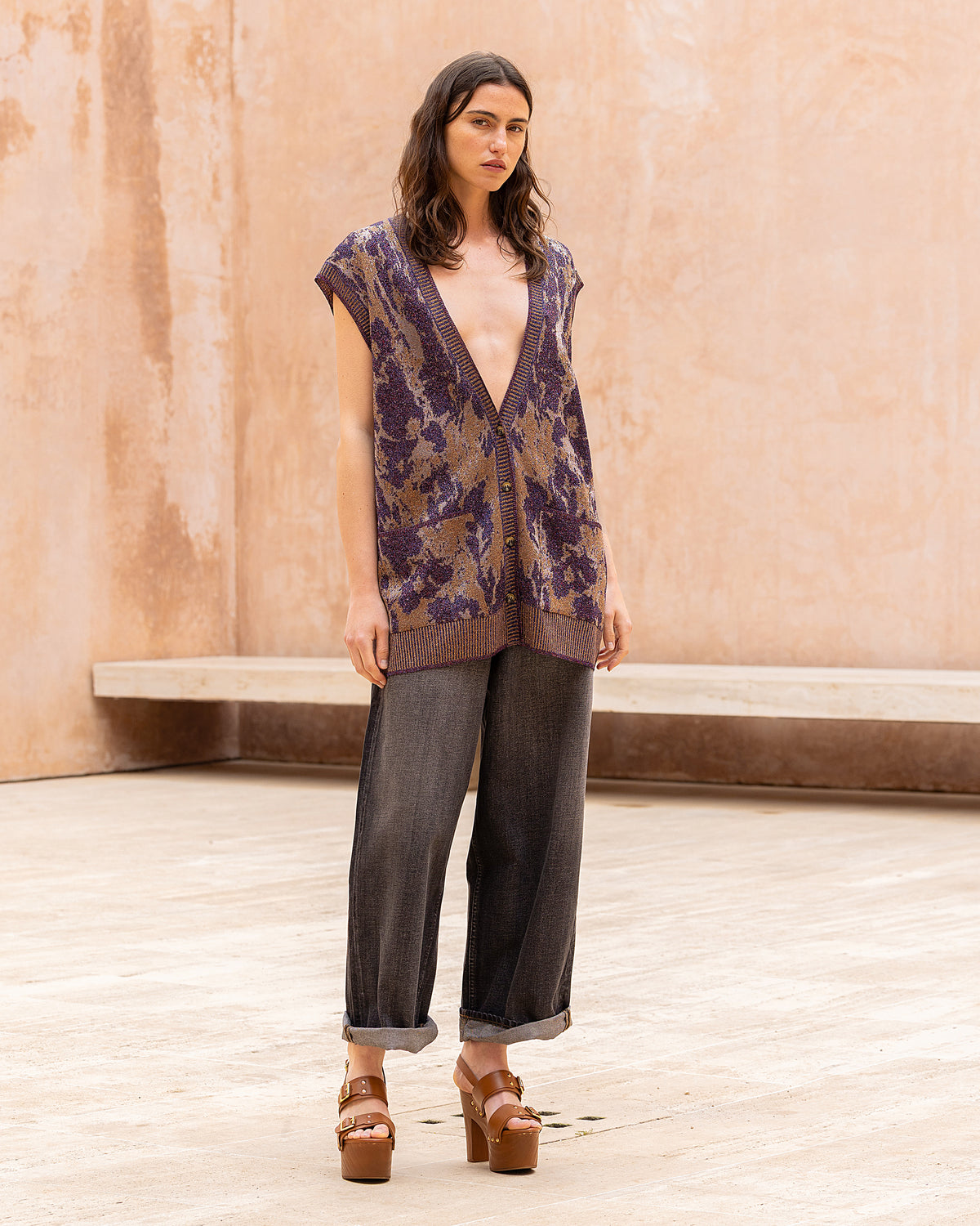 Maxi gilet long purple en fil italien scintillant - Pulls & gilets Mes Demoiselles