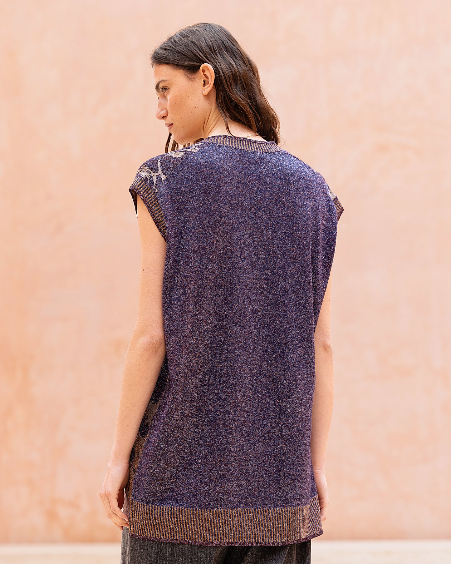 Pull Movi - Violet : Maxi gilet long purple en fil italien scintillant Mes Demoiselles