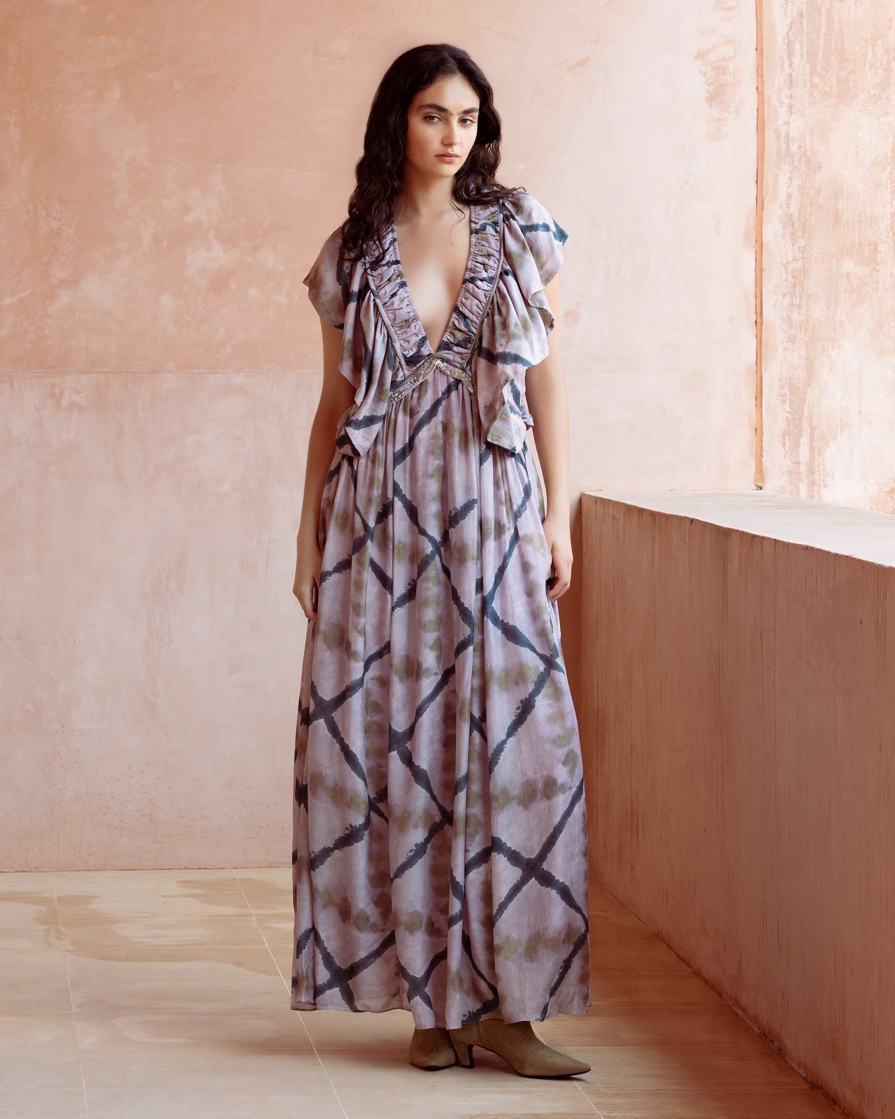 Robe longue lavande à carreaux tie & dye - Robes Mes Demoiselles - Image 1