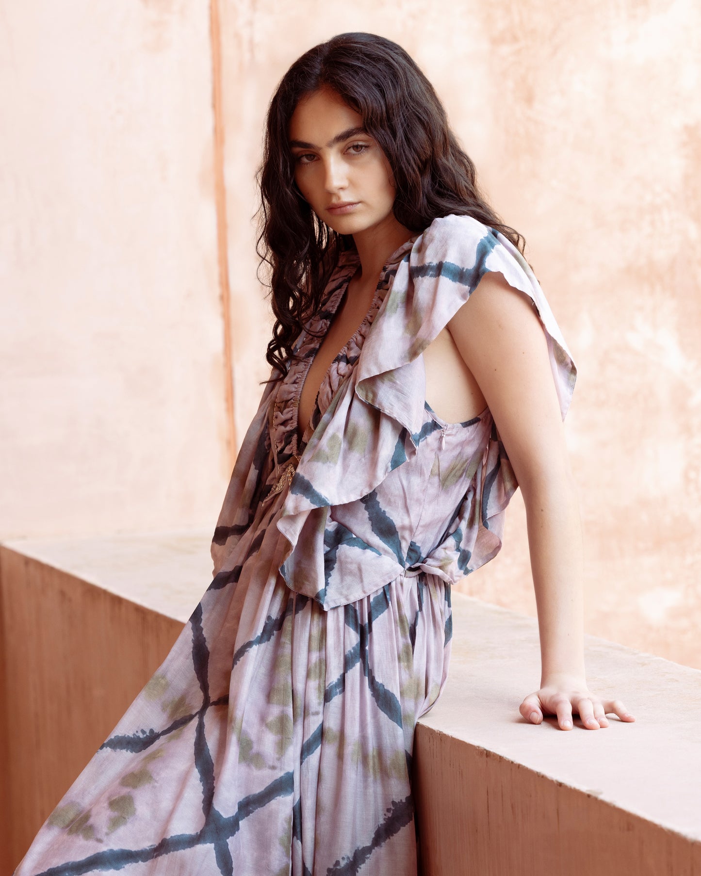 Robe Orma - Lavande : Robe longue lavande à carreaux tie & dye Mes Demoiselles