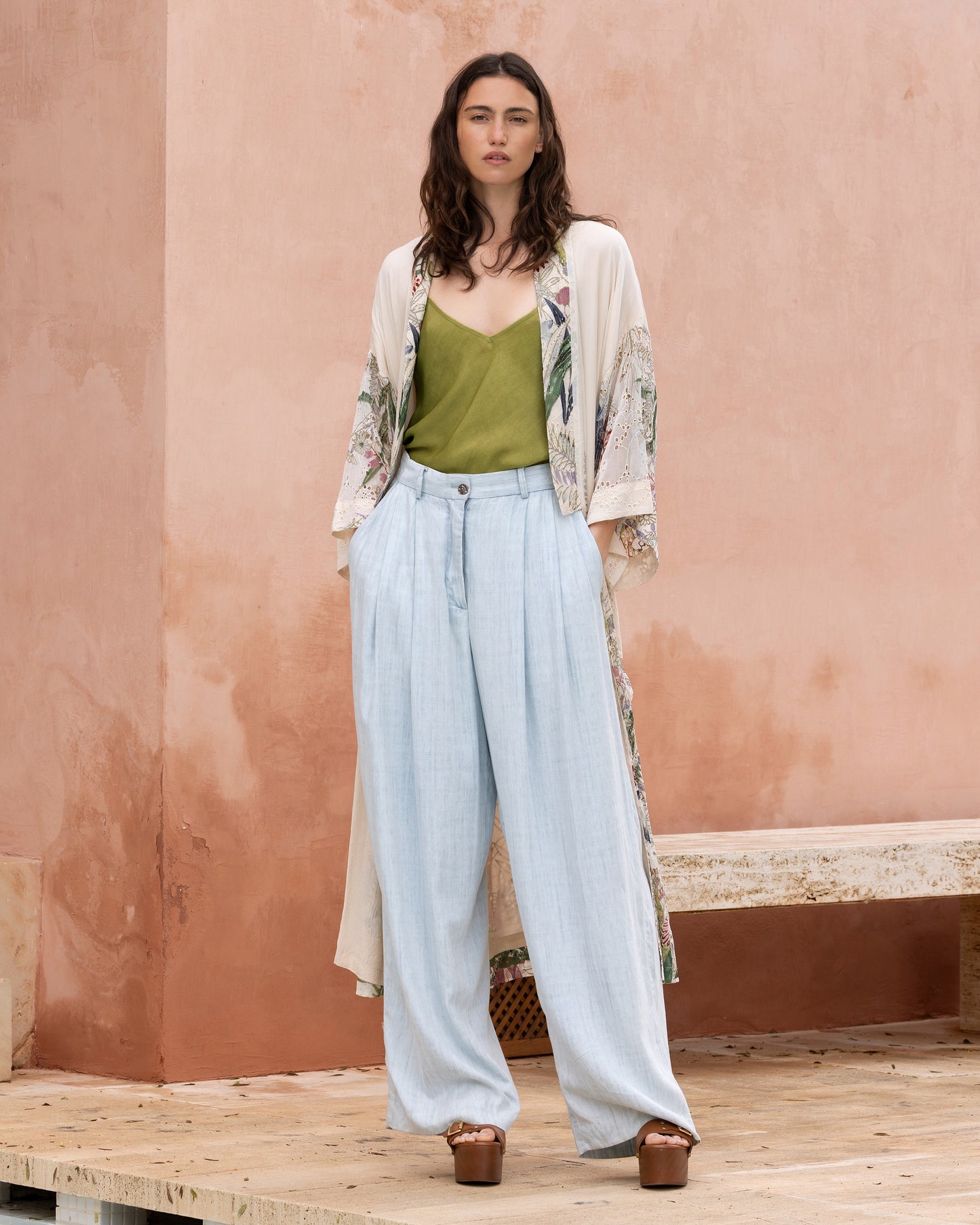 Pantalon fluide bleu ciel en tencel et lin - Pantalons & combinaisons Mes Demoiselles