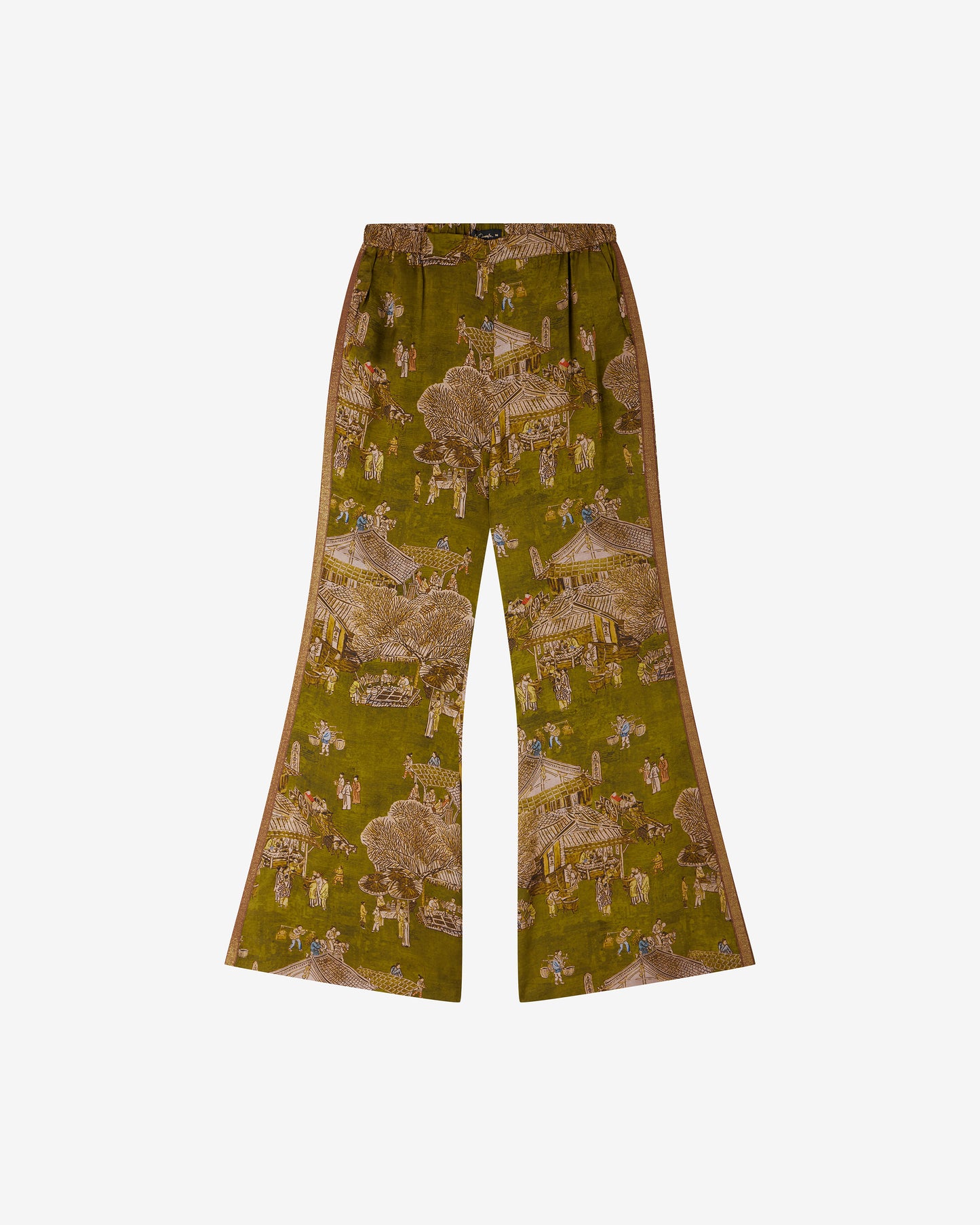 Pantalon Pikini - Vert : Pantalon patte d’éléphant en jacquard de viscose imprimé sur fond vert Mes Demoiselles