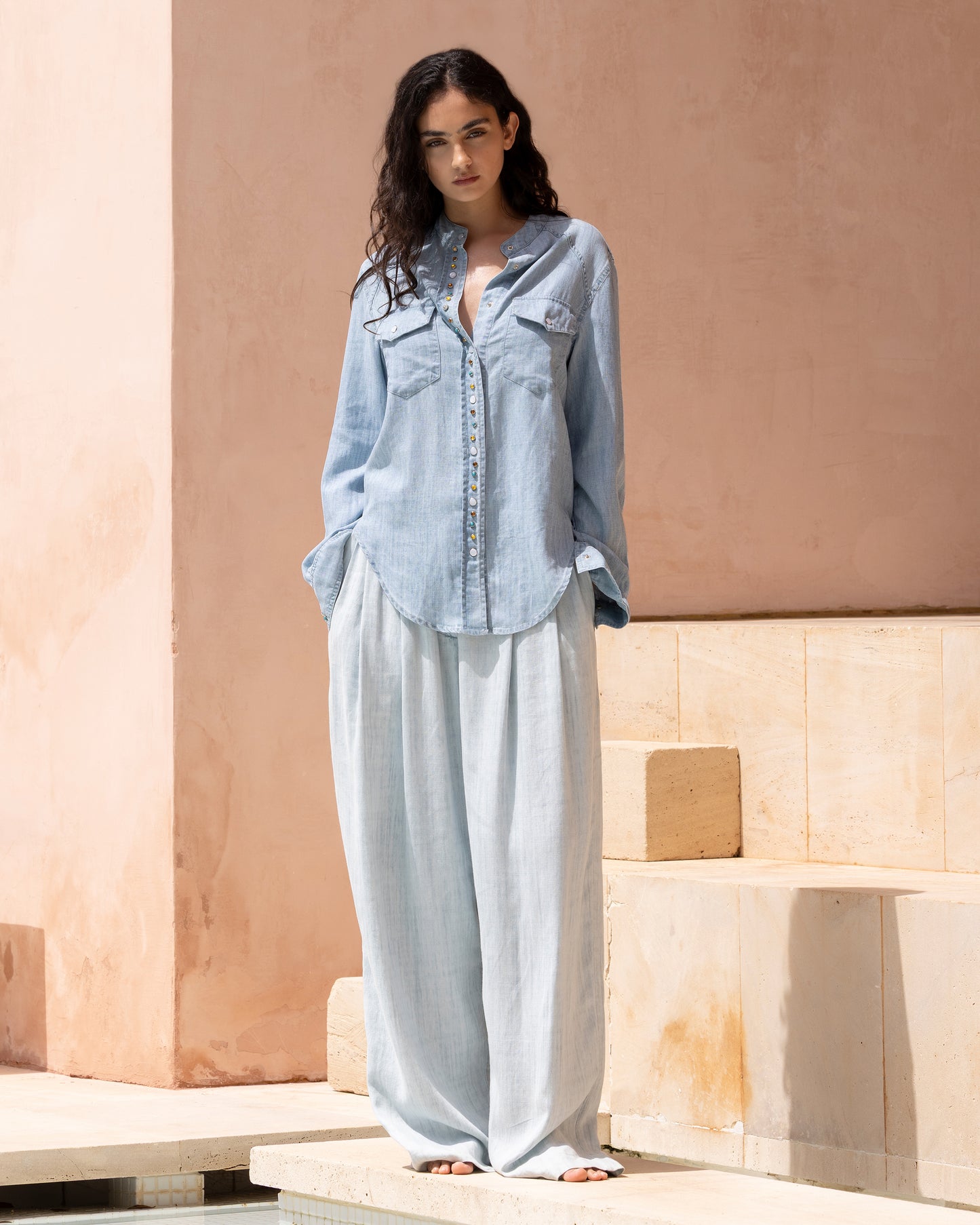 Chemise souple en tencel et lin bleu ciel - Chemises & tops Mes Demoiselles