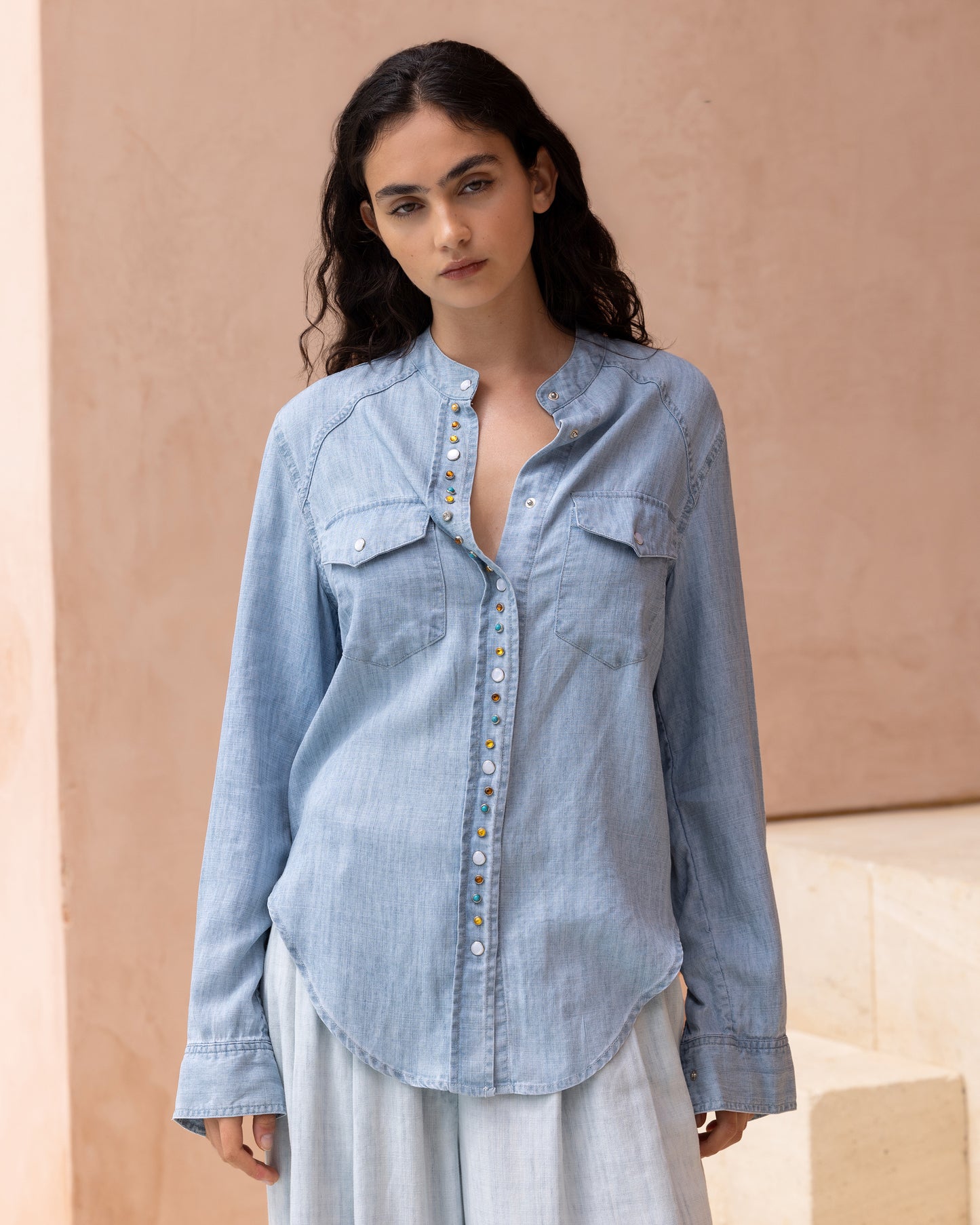 Chemise souple en tencel et lin bleu ciel - Chemises & tops Mes Demoiselles