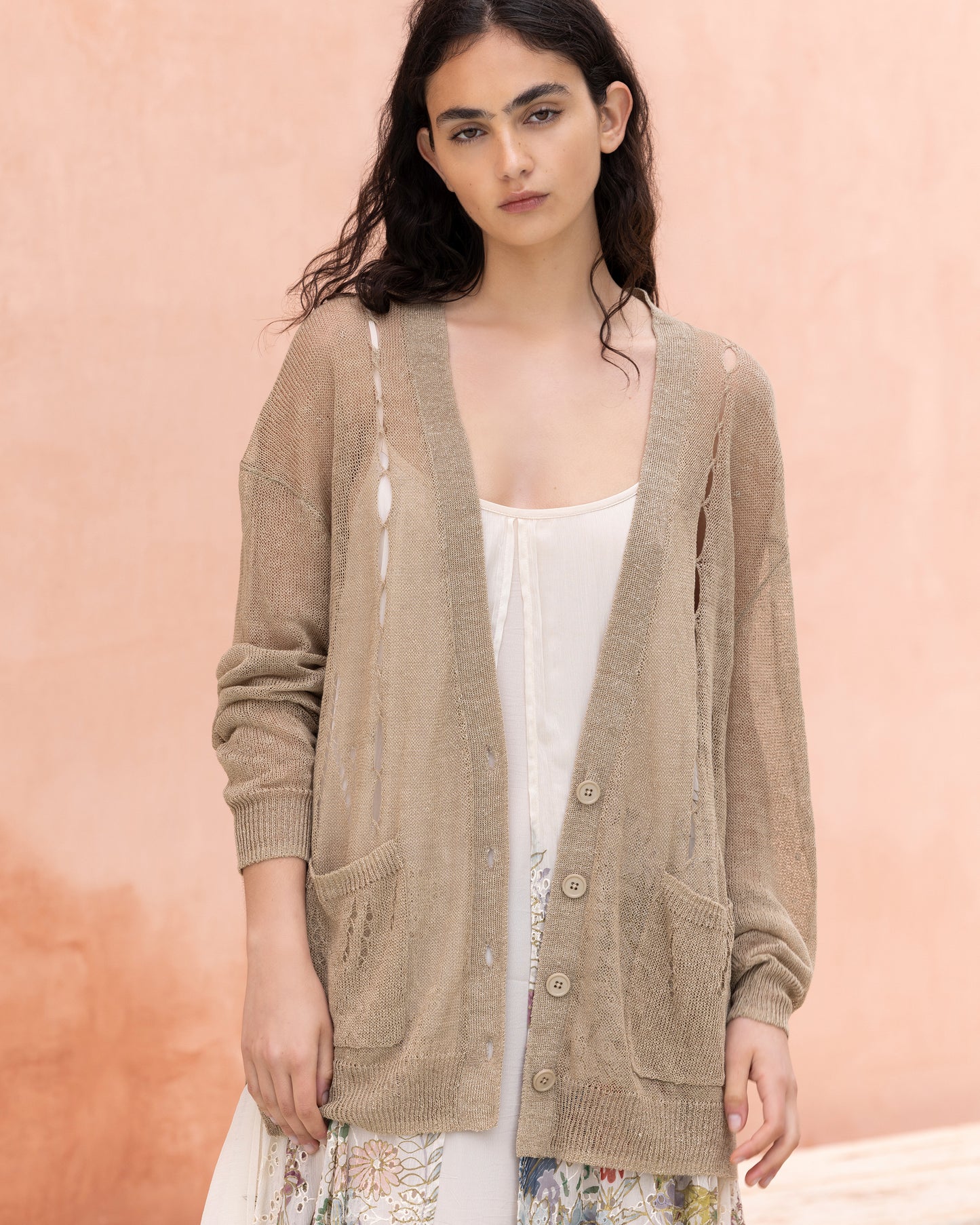 Cardigan Stree - Beige : Cardigan oversize en lin ajouré Mes Demoiselles