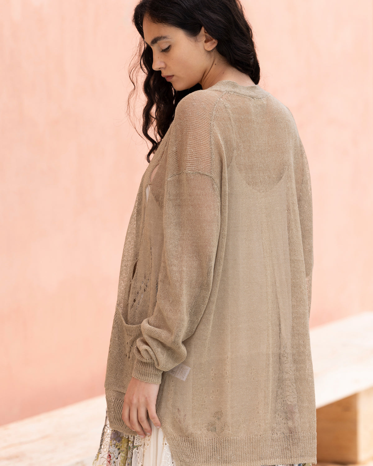 Cardigan Stree - Beige : Cardigan oversize en lin ajouré Mes Demoiselles