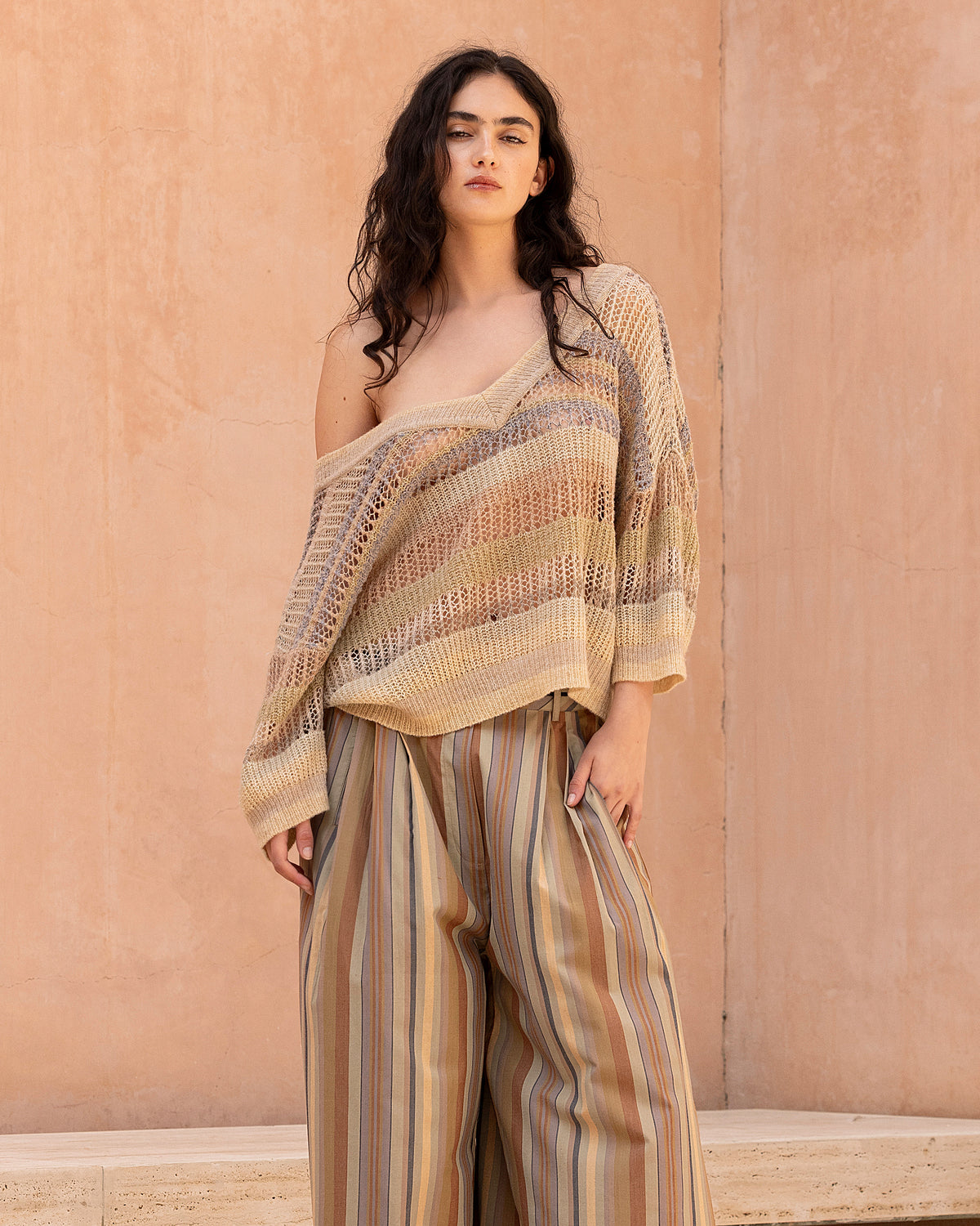 Pantalon Tapachula - Sable : Pantalon à rayures bayadères multicolores Mes Demoiselles