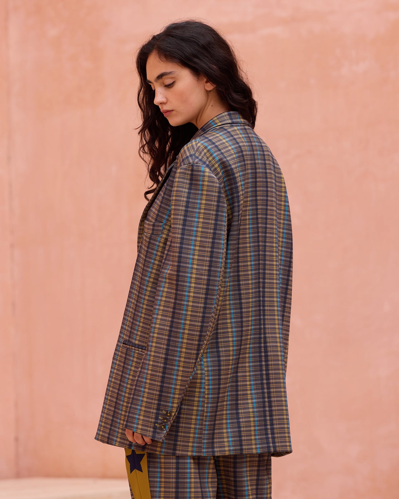 Veste Tauton - Kaki : Veste tailleur oversize en jersey esprit survêtement, motif tartan Mes Demoiselles - Image 5