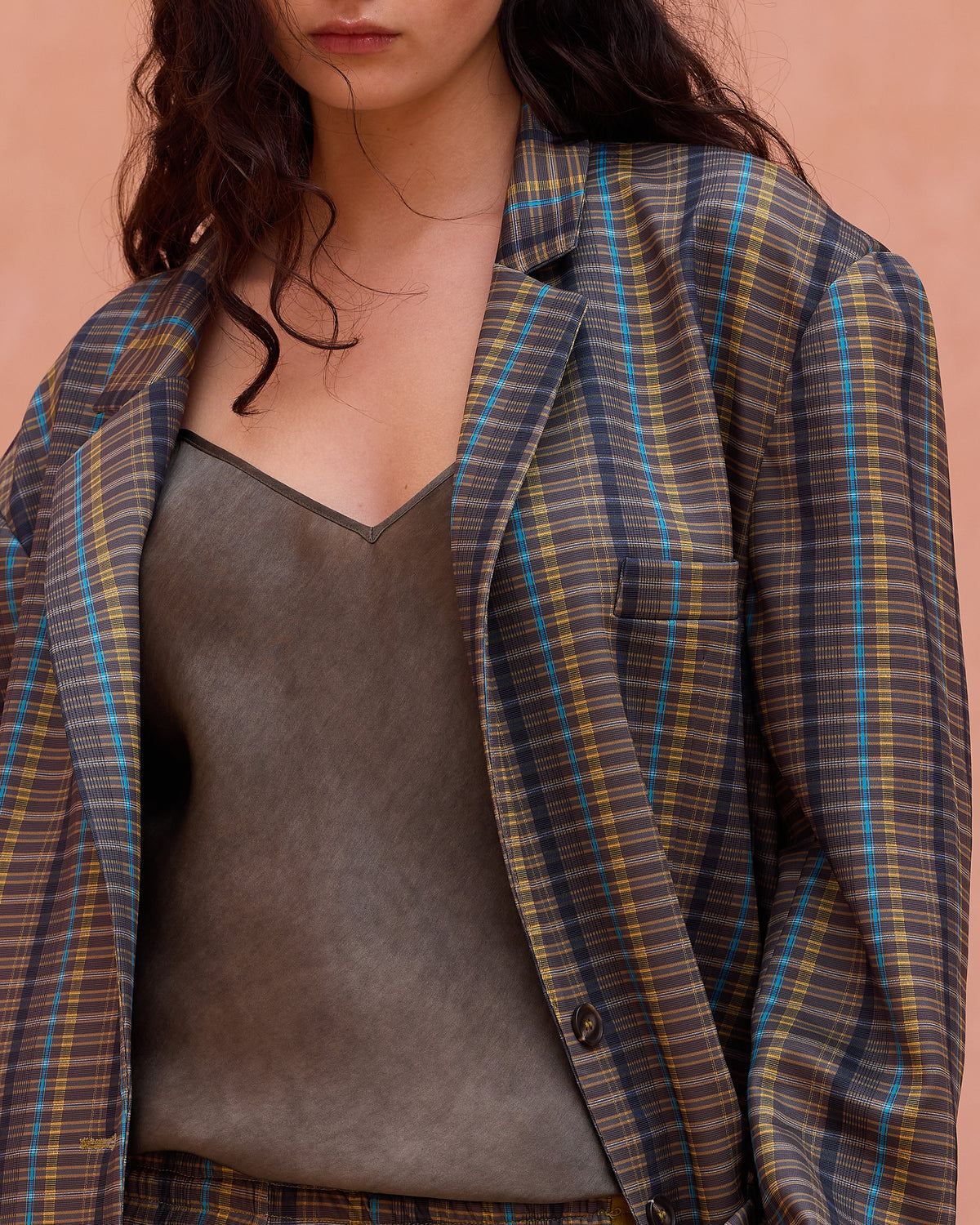 Veste Tauton - Kaki : Veste tailleur oversize en jersey esprit survêtement, motif tartan Mes Demoiselles - Image 4
