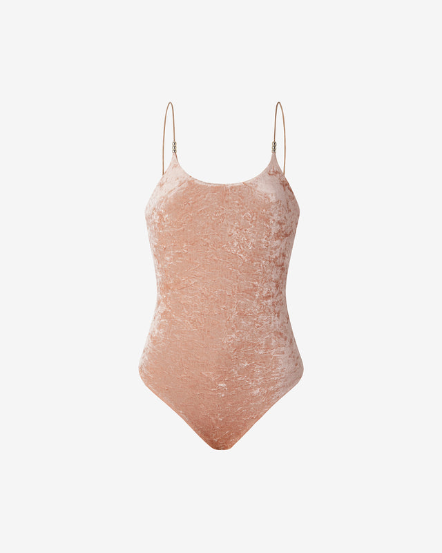 Maillot De Bain Valentine - Rose : Maillot de bain 1 pièce en velours rose pâle & perles argentées Mes Demoiselles - Dernière image