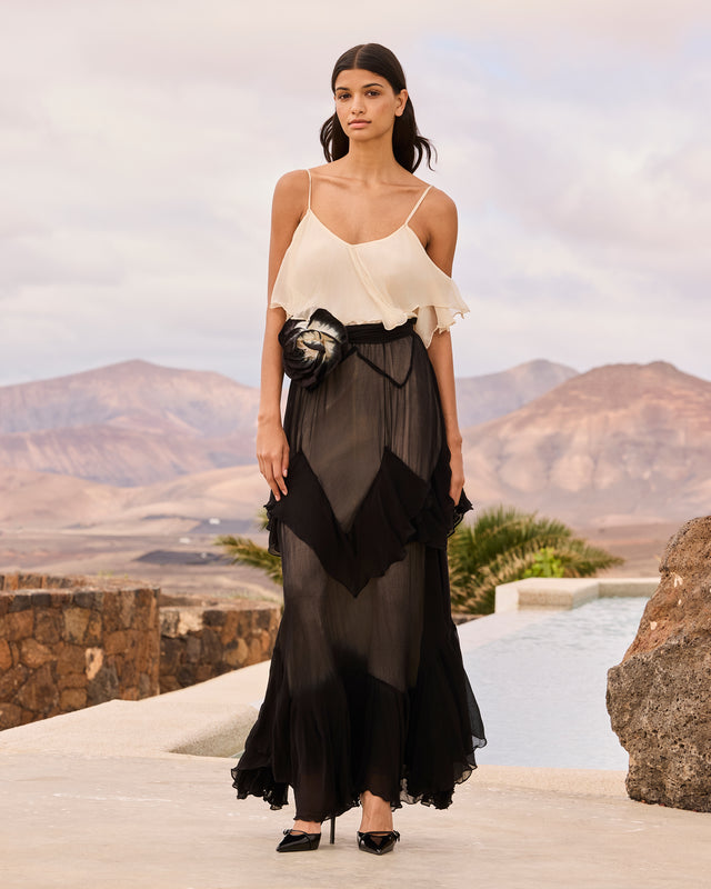 Robe longue en georgette de viscose – Noir et écru - Robes Mes Demoiselles - Image 1