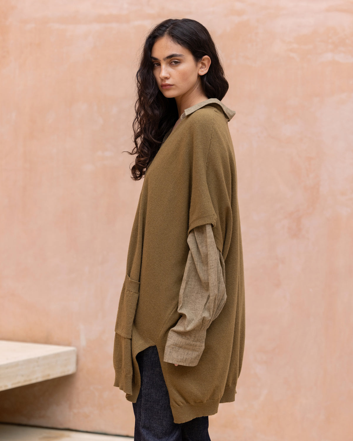 Cardigan Camelia - Marron Olive : Gilet long en cachemire et mérinos Mes Demoiselles