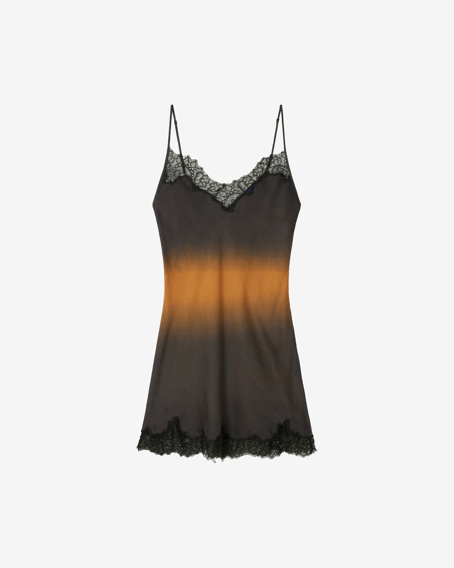 Robe Tina - Ocre : Nuisette en soie tie & dye – Dégradé bleu ocre et dentelle Mes Demoiselles