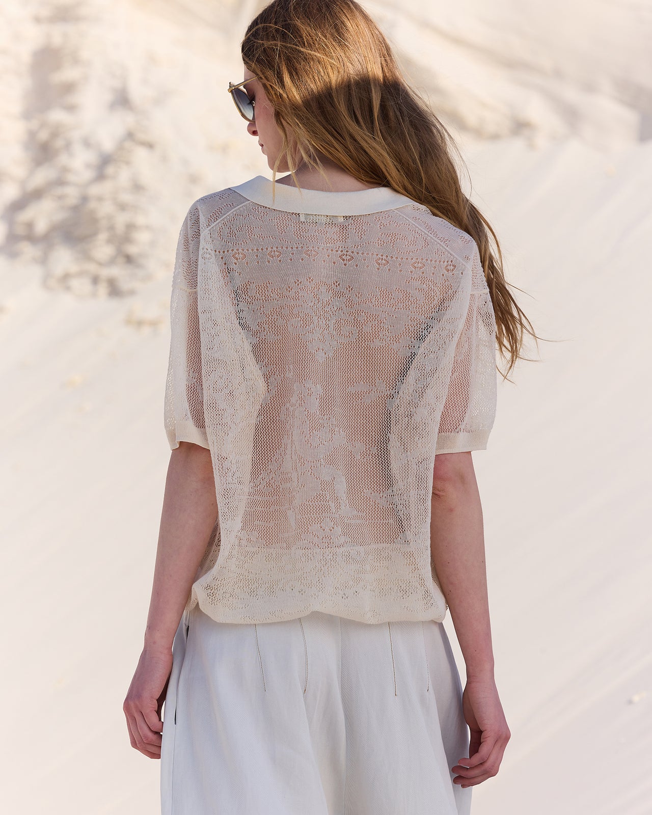 Pull Birjot - Beige : Polo en pointelle et dentelle raffinée beige Mes Demoiselles - Image 5