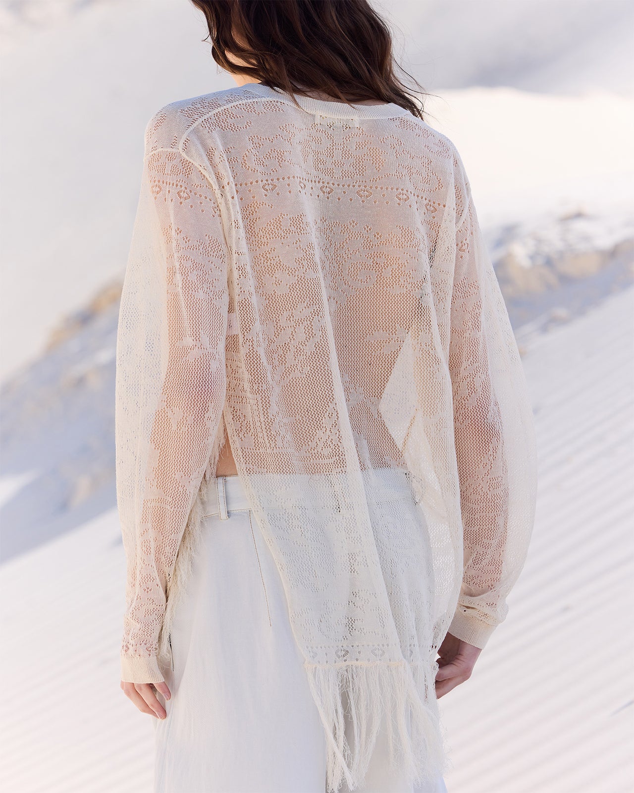 Pull Birpal - Beige : Pull façon poncho beige en pointelle et dentelle ajourée Mes Demoiselles - Image 5