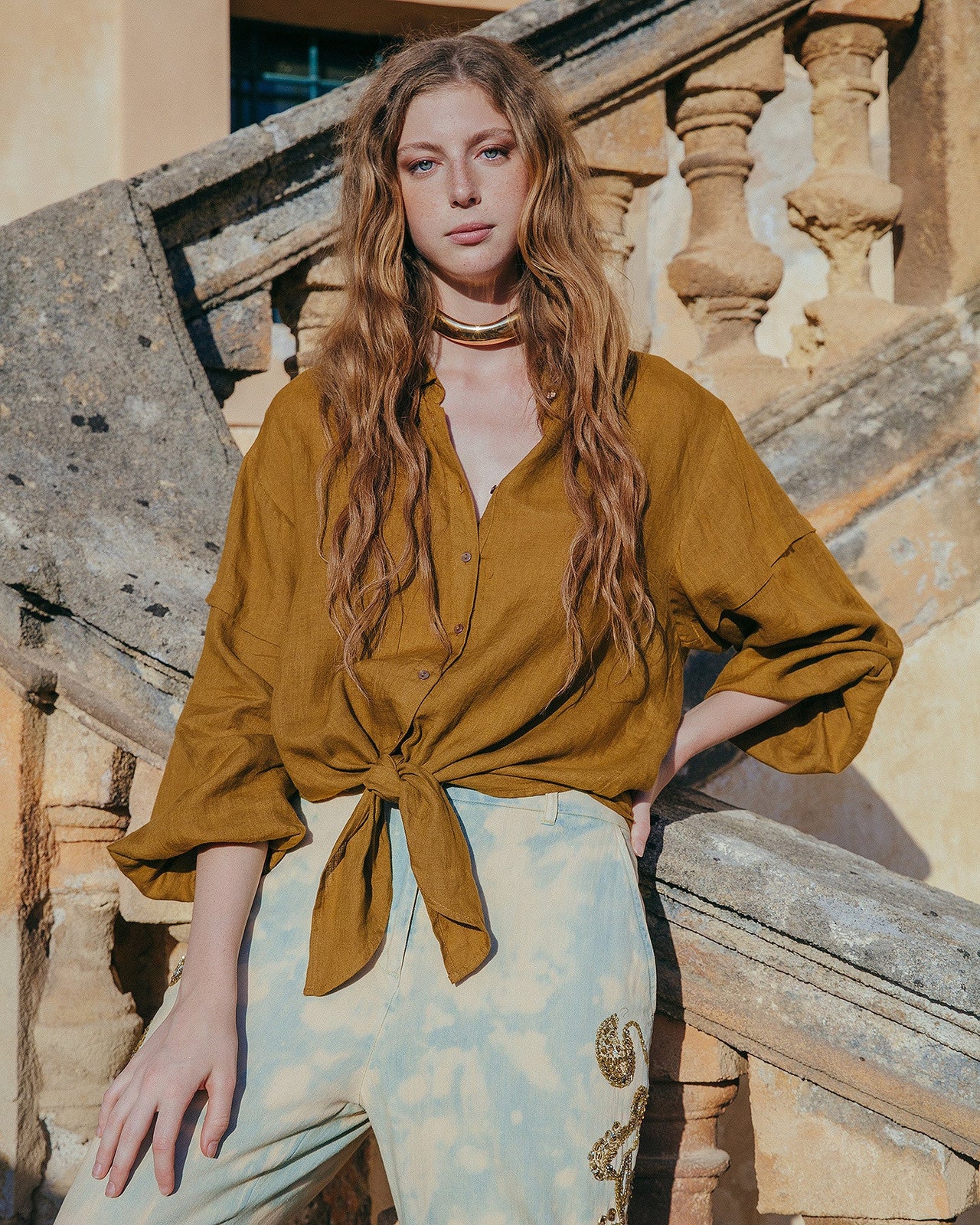 Chemise en lin couleur bronze à nouer - Chemises & tops Mes Demoiselles - Image 1
