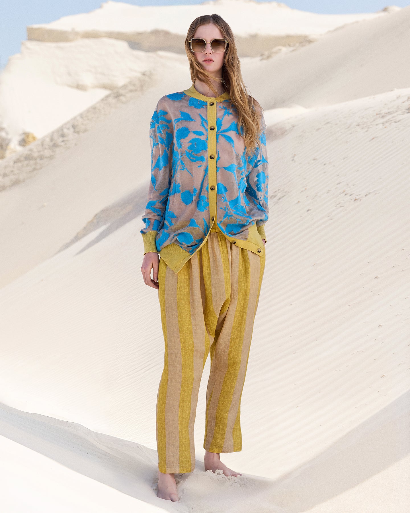 Pantalon sarouel en soie fine et naturelle rayé jaune - Pantalons & combinaisons Mes Demoiselles