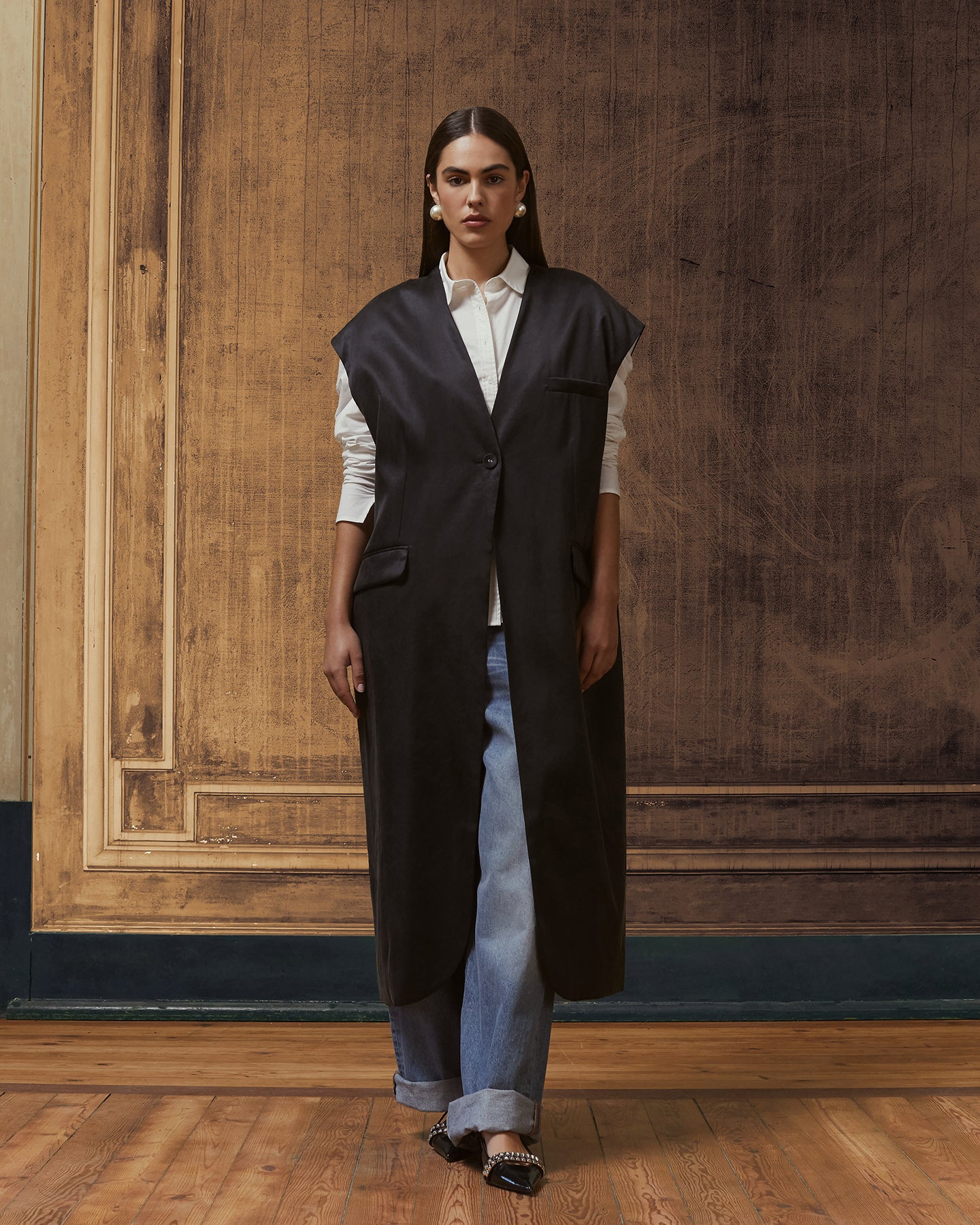 Longue veste noire élégante en lyocell satiné - Manteaux & vestes Mes Demoiselles