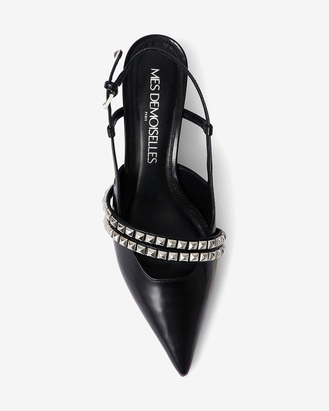 Chaussures Tasha - Noir : Escarpins en cuir noir avec brides argentées Mes Demoiselles - Dernière image