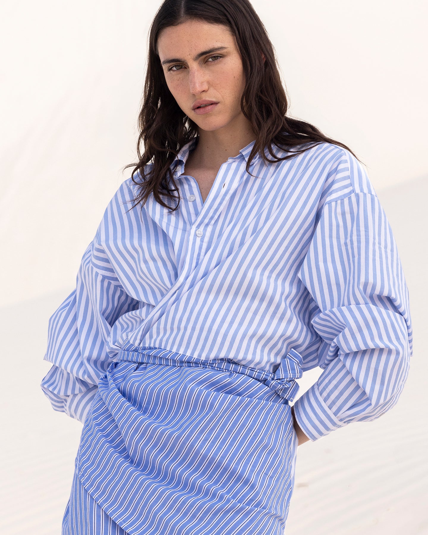 Robe Patric - Bleu : Robe courte en popeline de coton bleu rayée Mes Demoiselles