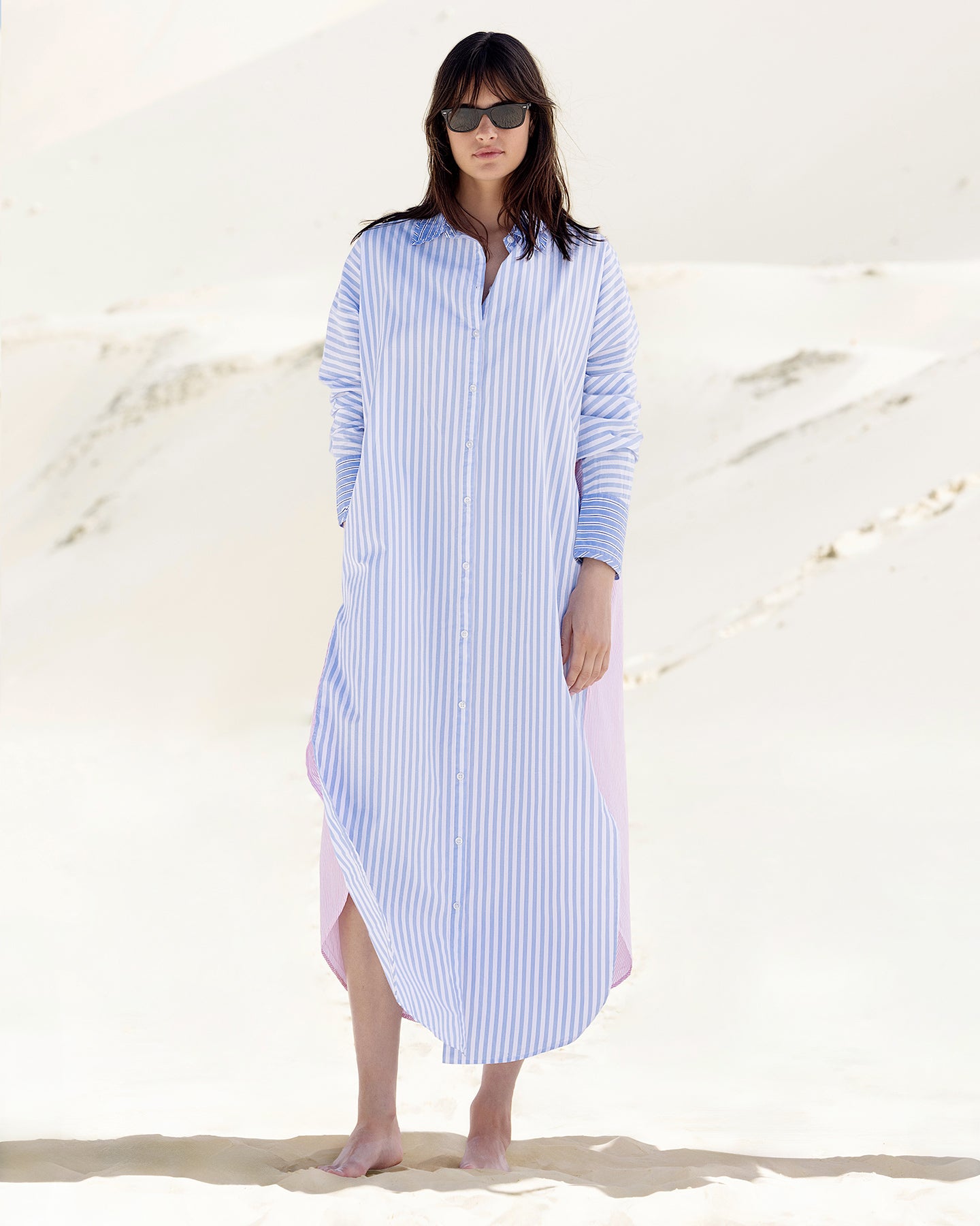 Robe chemise en popeline de coton rayé bleu et rose - Chemises & tops Mes Demoiselles