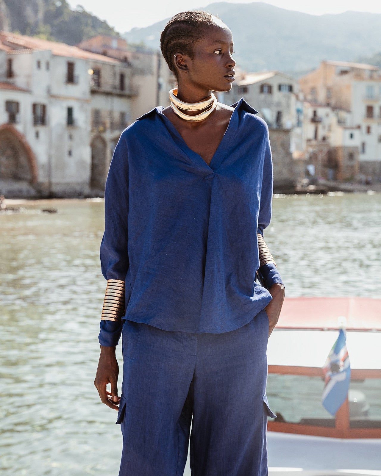 Pantalon Cyr - Bleu : Pantalon souple en toile de lin bleu klein Mes Demoiselles - Image 5