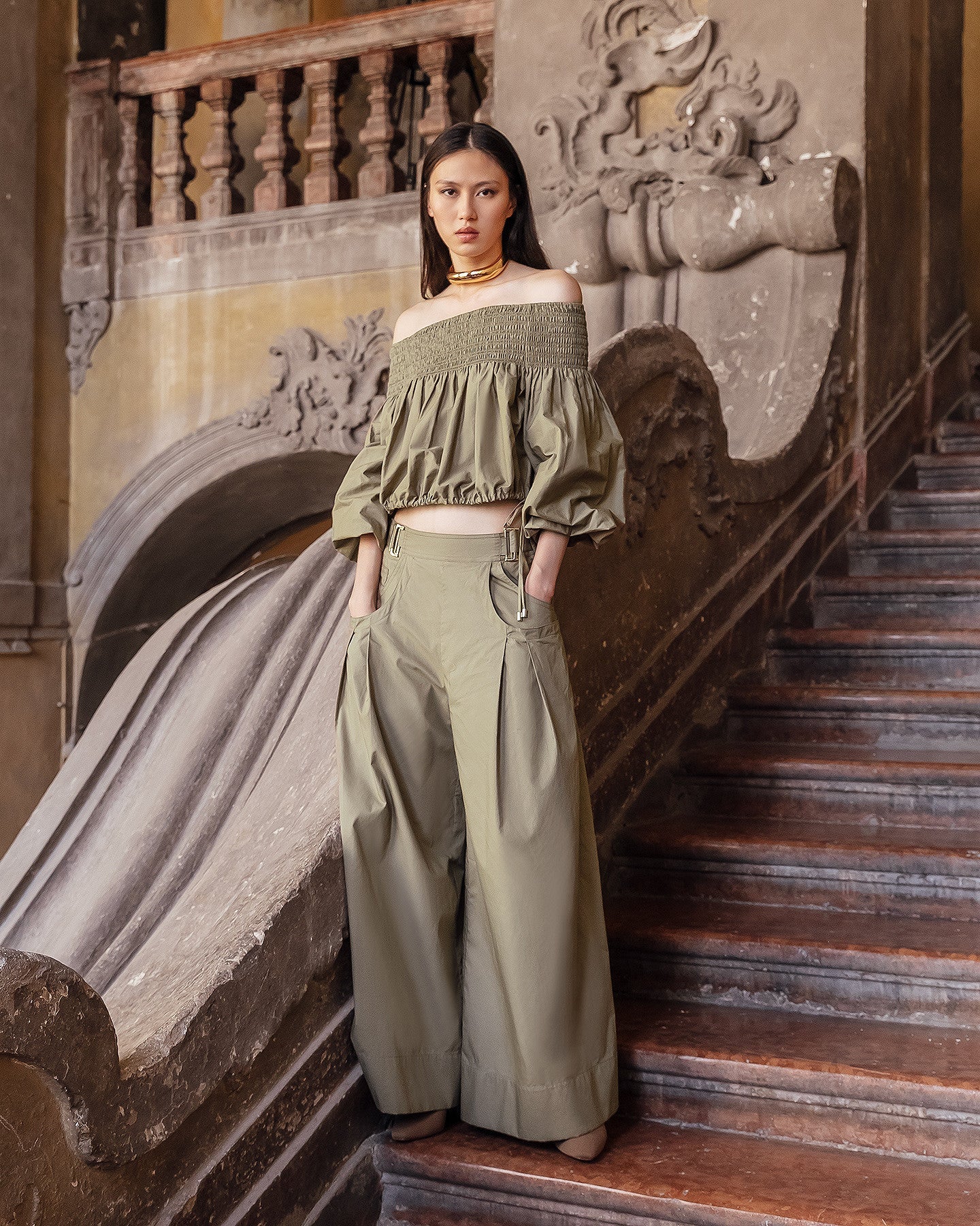 Pantalon large en popeline craquante kaki - Pantalons & combinaisons Mes Demoiselles