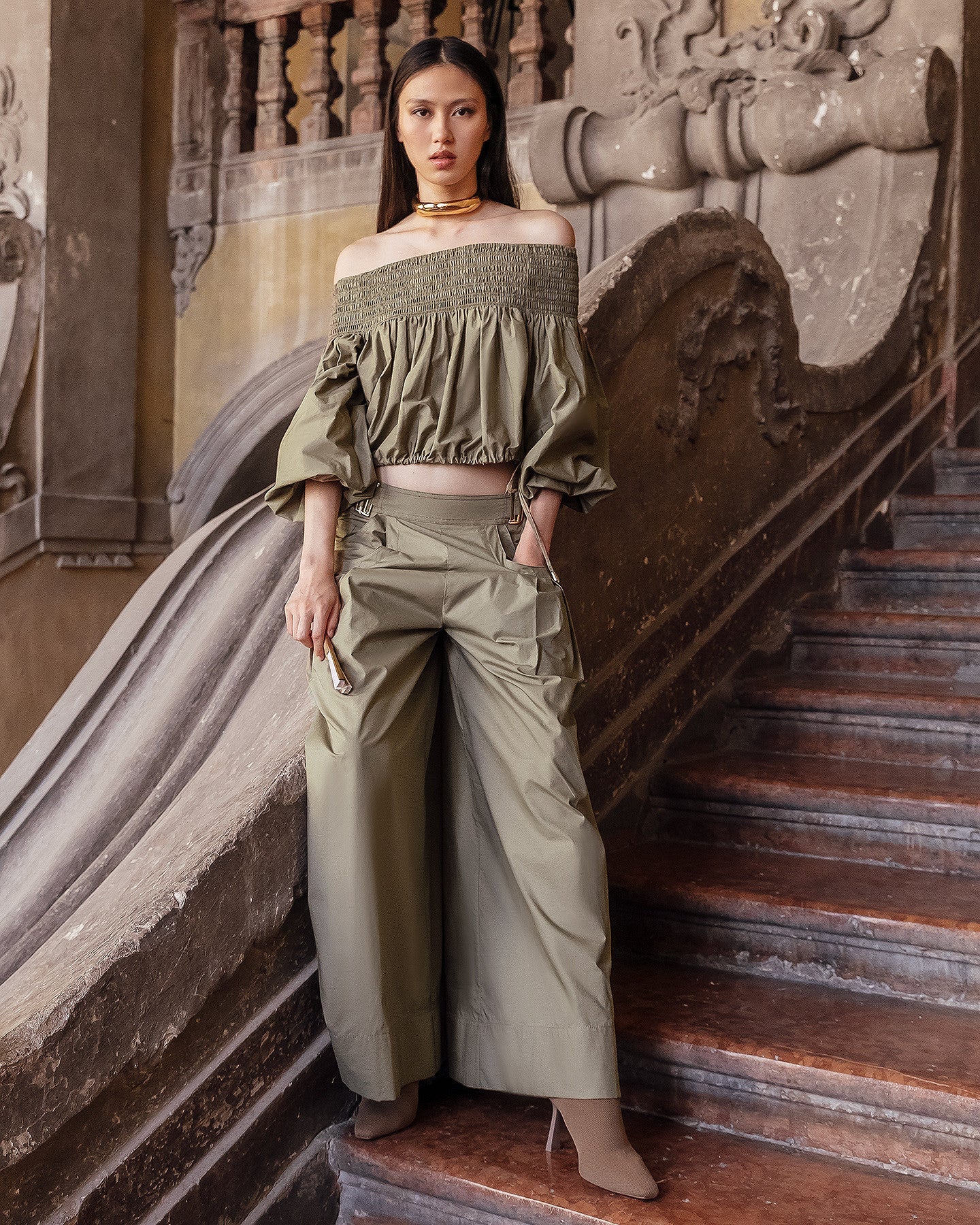 Pantalon large en popeline craquante kaki - Pantalons & combinaisons Mes Demoiselles