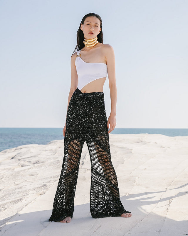 Pantalon Starlet - Noir : Long pantalon élégant en maille ajourées et pailletées noires Mes Demoiselles - Image 3