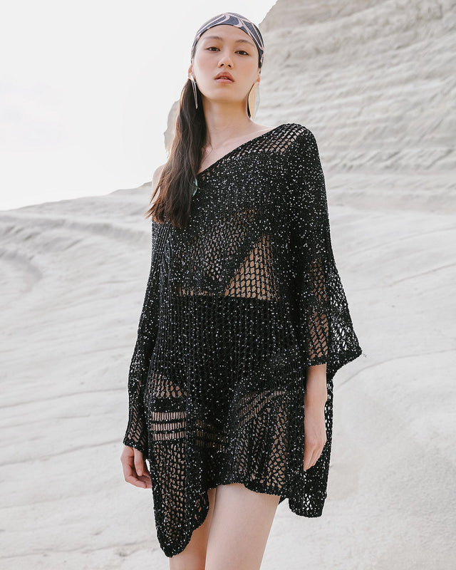 Sweater en maille ajourées et pailletées noires - Pulls & gilets Mes Demoiselles - Image 2