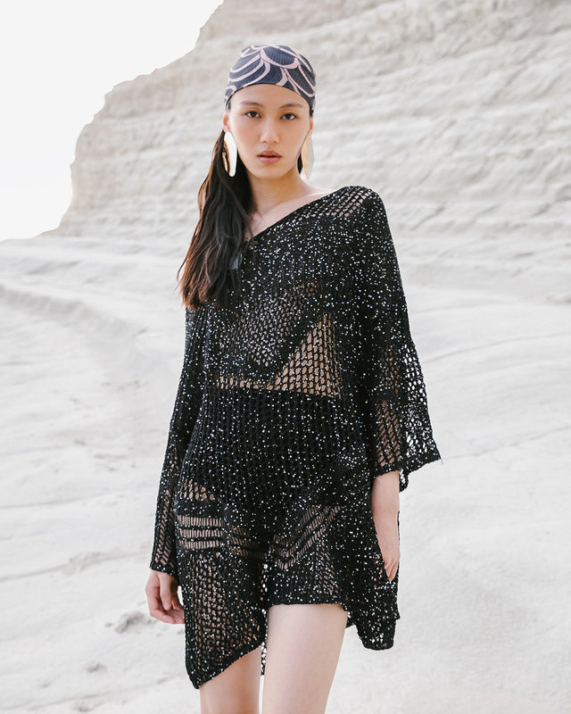 Pull Star - Noir : Sweater en maille ajourées et pailletées noires Mes Demoiselles - Image 3