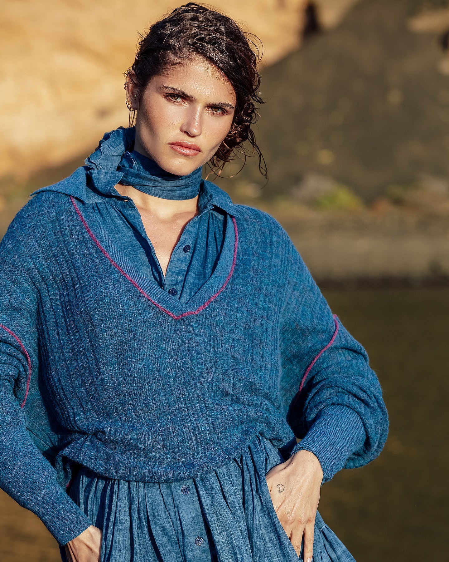 Pull polo en alpaga, côtes irrégulières, piping coloré - Pulls & gilets Mes Demoiselles