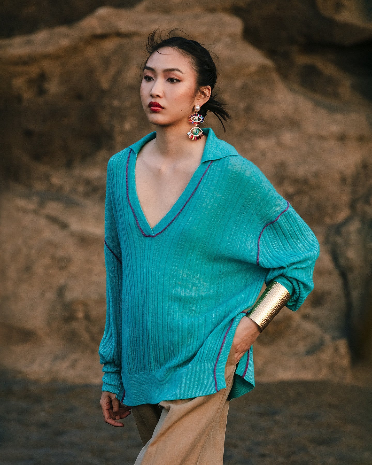 Pull polo Mes Demoiselles en mélange alpaga, côtes irrégulières - Pulls & gilets Mes Demoiselles