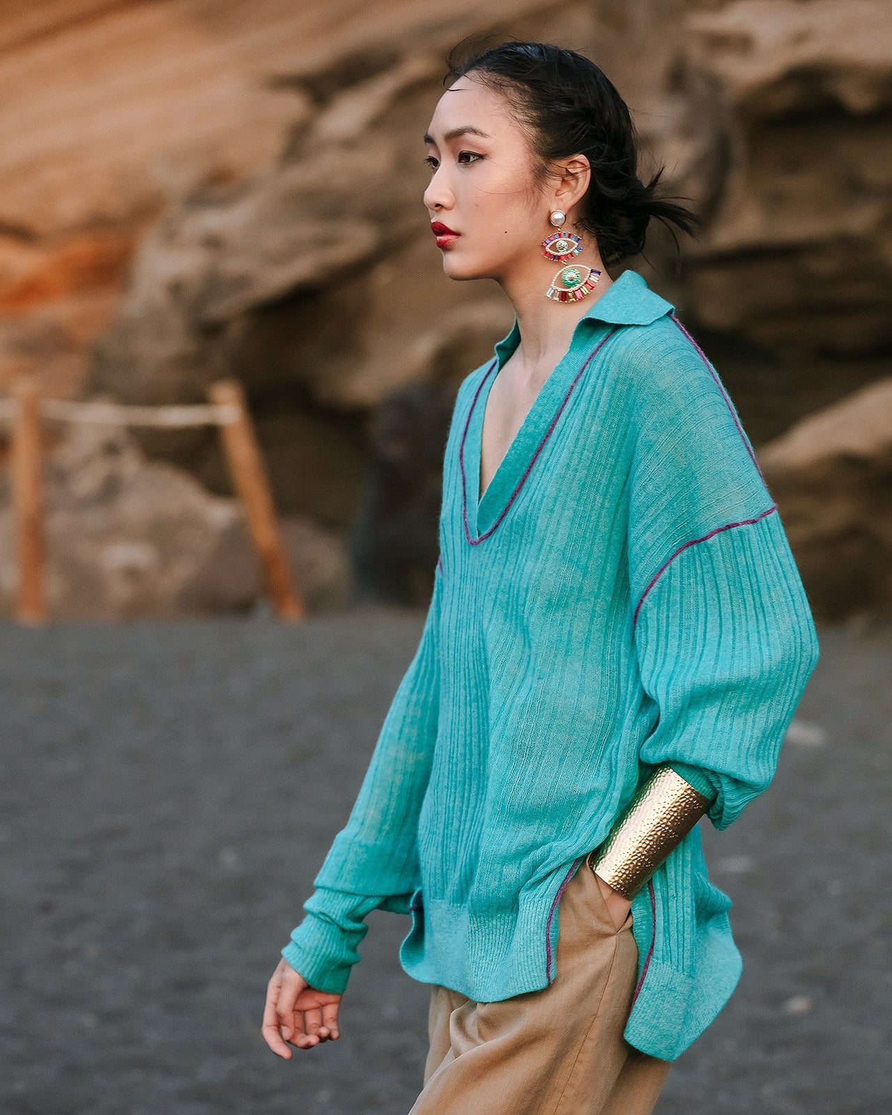 Pull Takuya - Turquoise : Pull polo Mes Demoiselles en mélange alpaga, côtes irrégulières Mes Demoiselles - Image 4