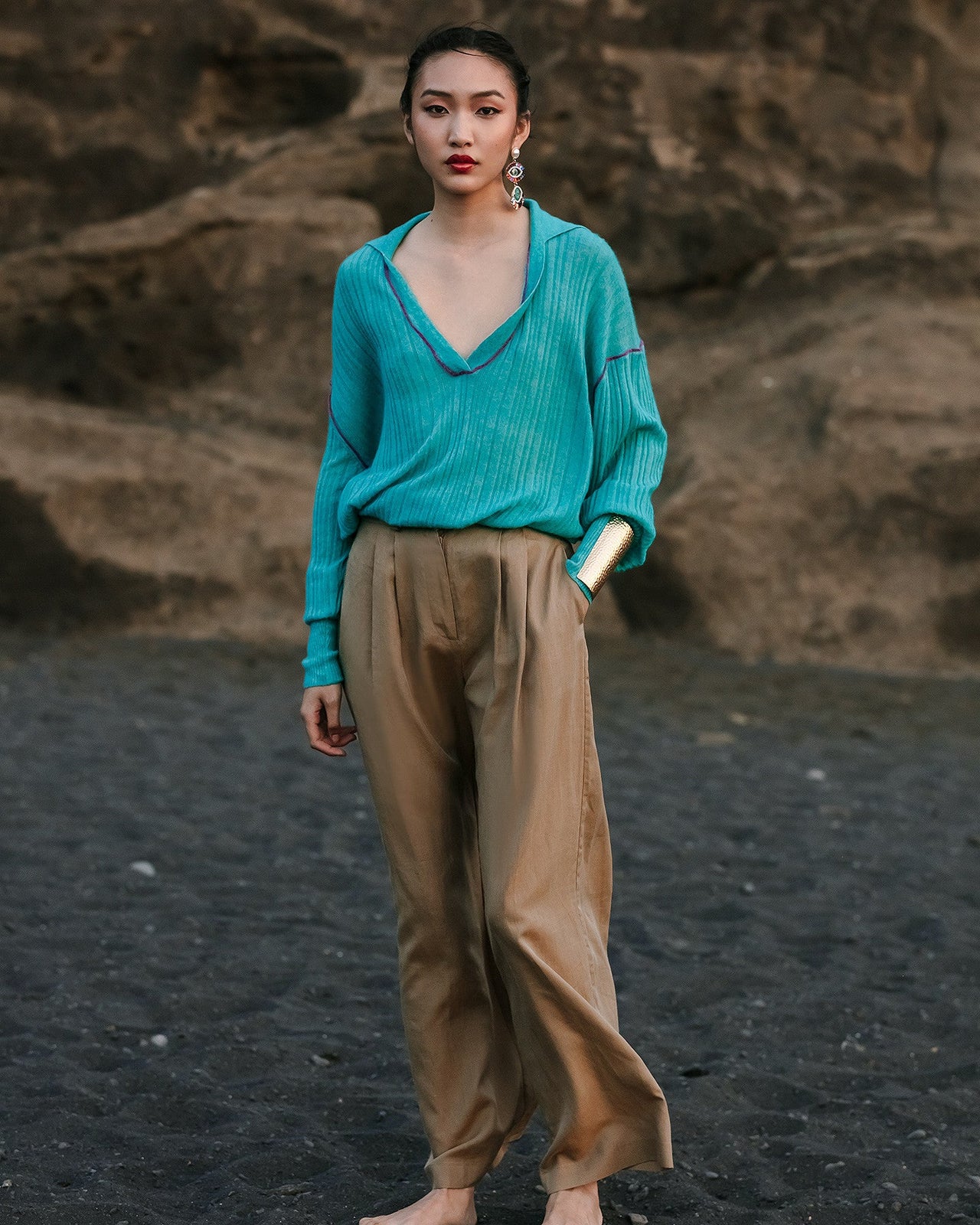 Pull Takuya - Turquoise : Pull polo Mes Demoiselles en mélange alpaga, côtes irrégulières Mes Demoiselles - Image 6