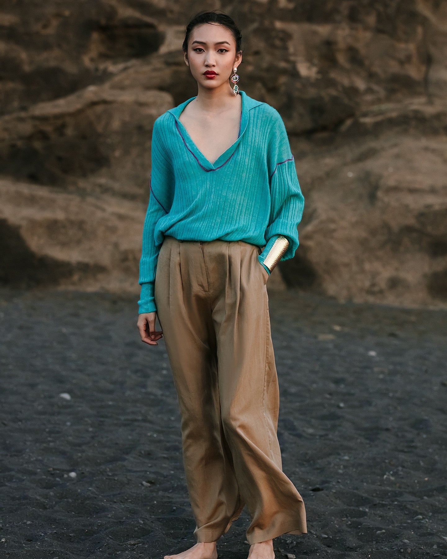 Pull Takuya - Turquoise : Pull polo Mes Demoiselles en mélange alpaga, côtes irrégulières Mes Demoiselles